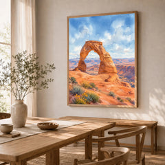 Arches National Park Delicate Arch watercolour art print in a natural wood frame in a dining room