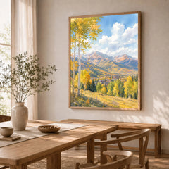 Aspen golden aspen trees and mountains watercolour art print in a natural wood frame in a dining room