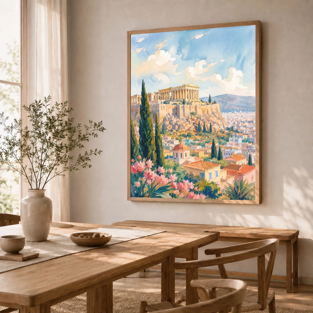 Athens Acropolis and Parthenon watercolour art print in a natural wood frame in a dining room