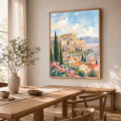 Athens Acropolis and Parthenon watercolour art print in a natural wood frame in a dining room