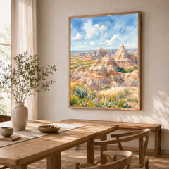 Badlands National Park striped eroded buttes watercolour art print in a natural wood frame in a dining room