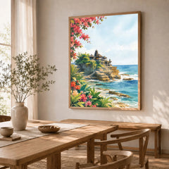 Bali Tanah Lot sea temple watercolour art print in a natural wood frame in a dining room