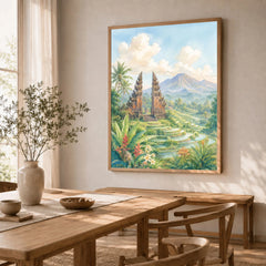 Bali temple gate and rice terraces watercolour art print in a natural wood frame in a dining room