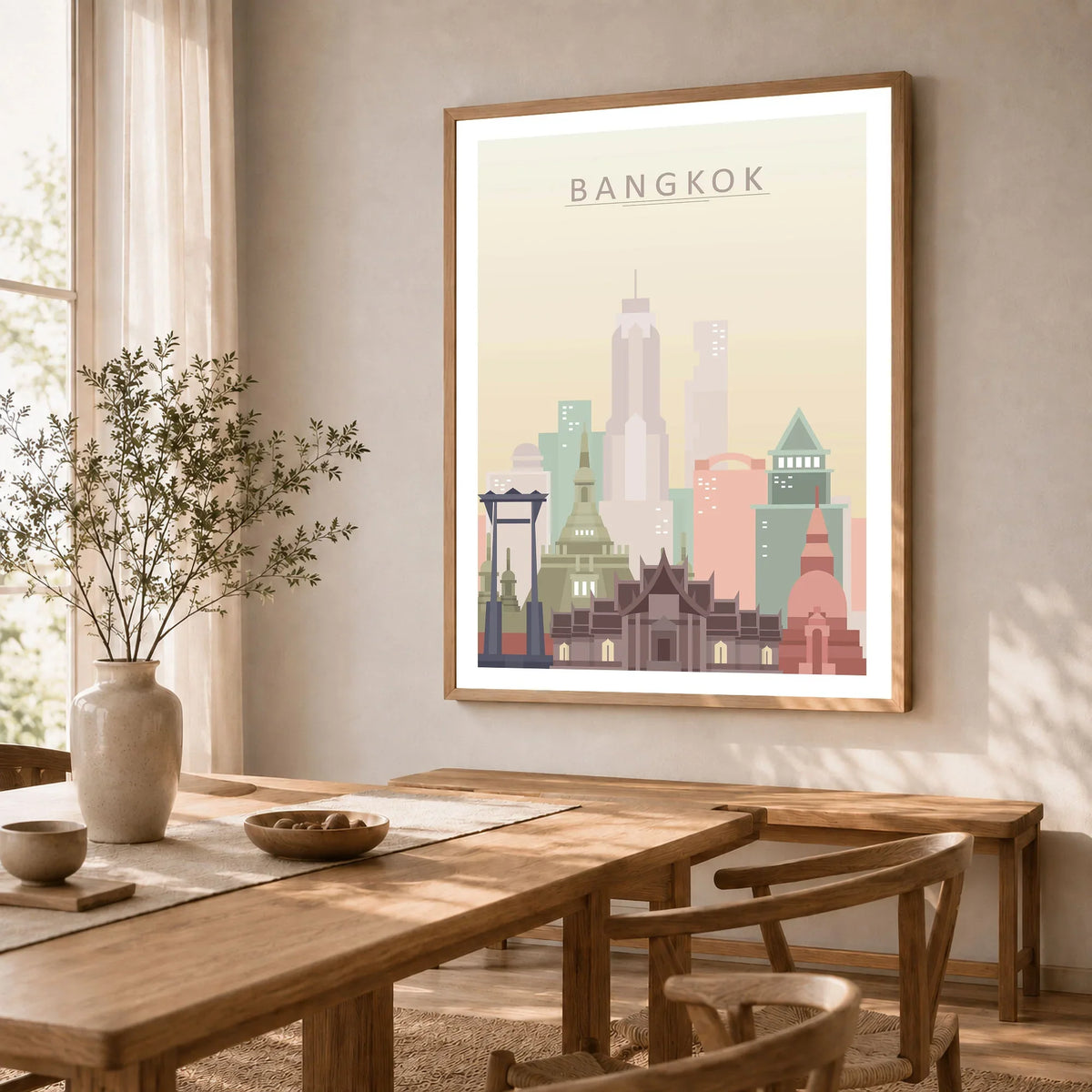 Bangkok city skyline art print in a natural wood frame in a dining room