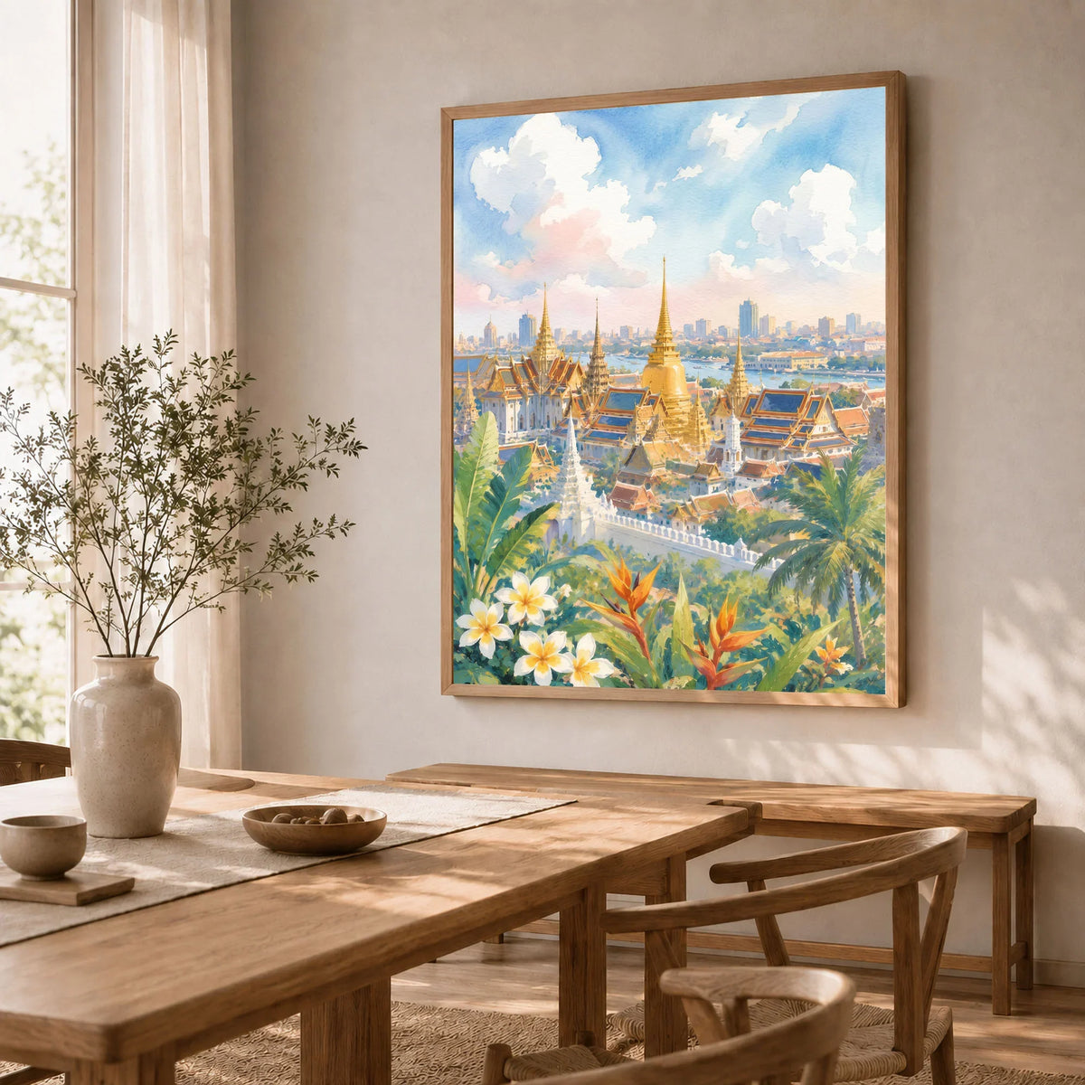 Bangkok Grand Palace golden temples watercolour art print in a natural wood frame in a dining room