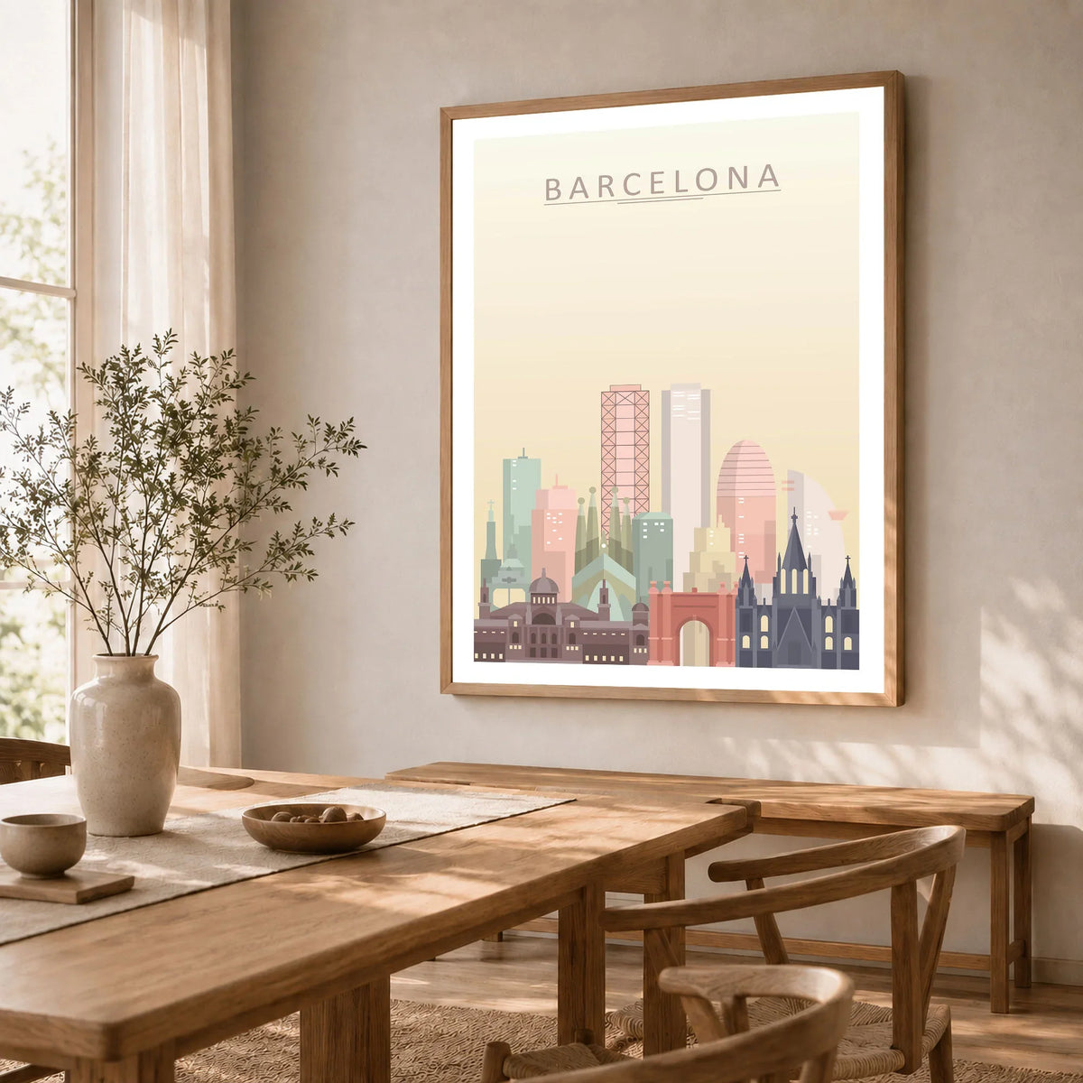 Barcelona city skyline art print in a natural wood frame in a dining room