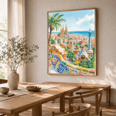 Barcelona Park Güell and Sagrada Família watercolour art print in a natural wood frame in a dining room