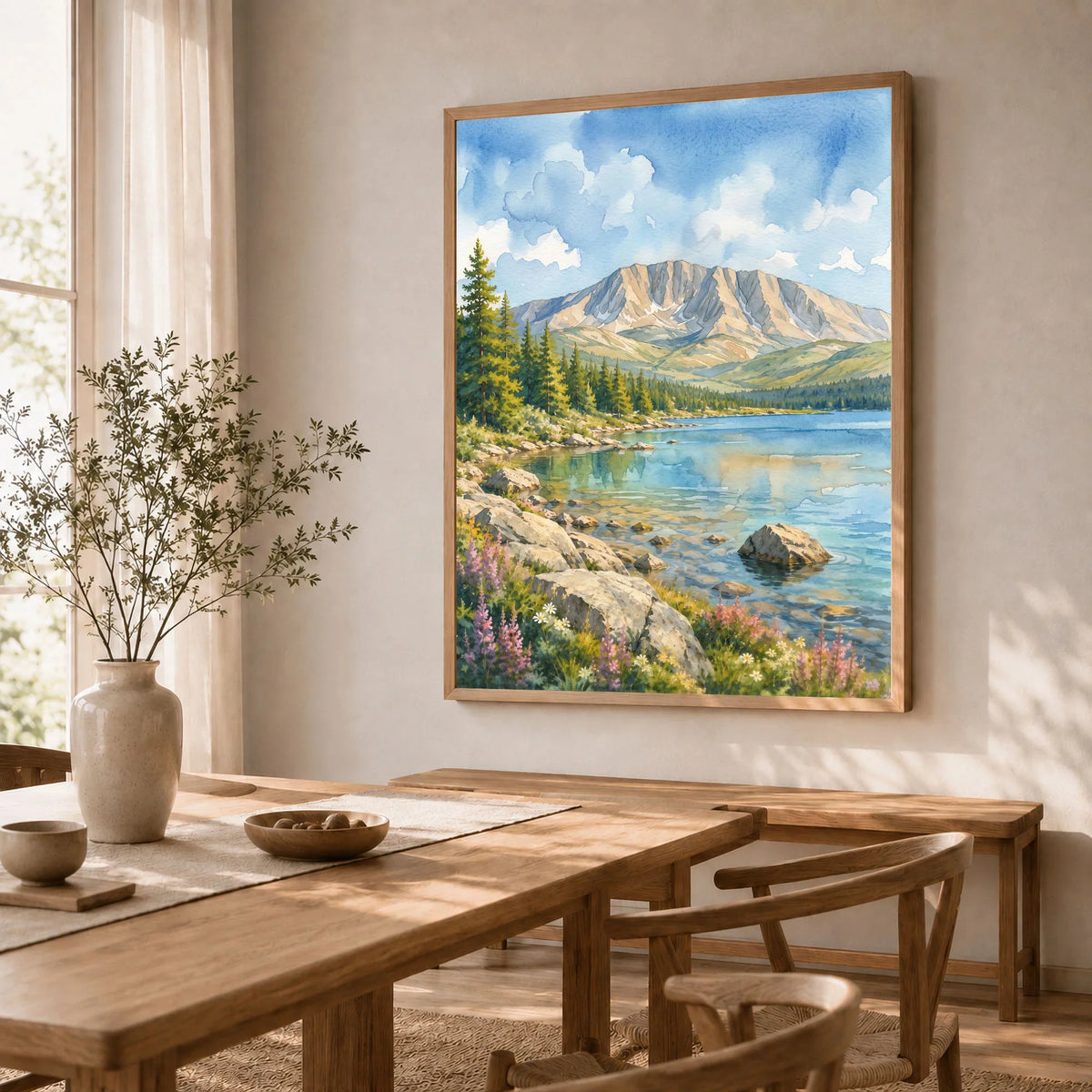 Baxter State Park Mount Katahdin and lake watercolour art print in a natural wood frame in a dining room