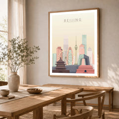 Beijing city skyline art print in a natural wood frame in a dining room