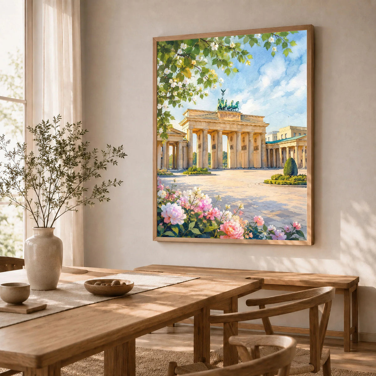 Berlin Brandenburg Gate watercolour art print in a natural wood frame in a dining room