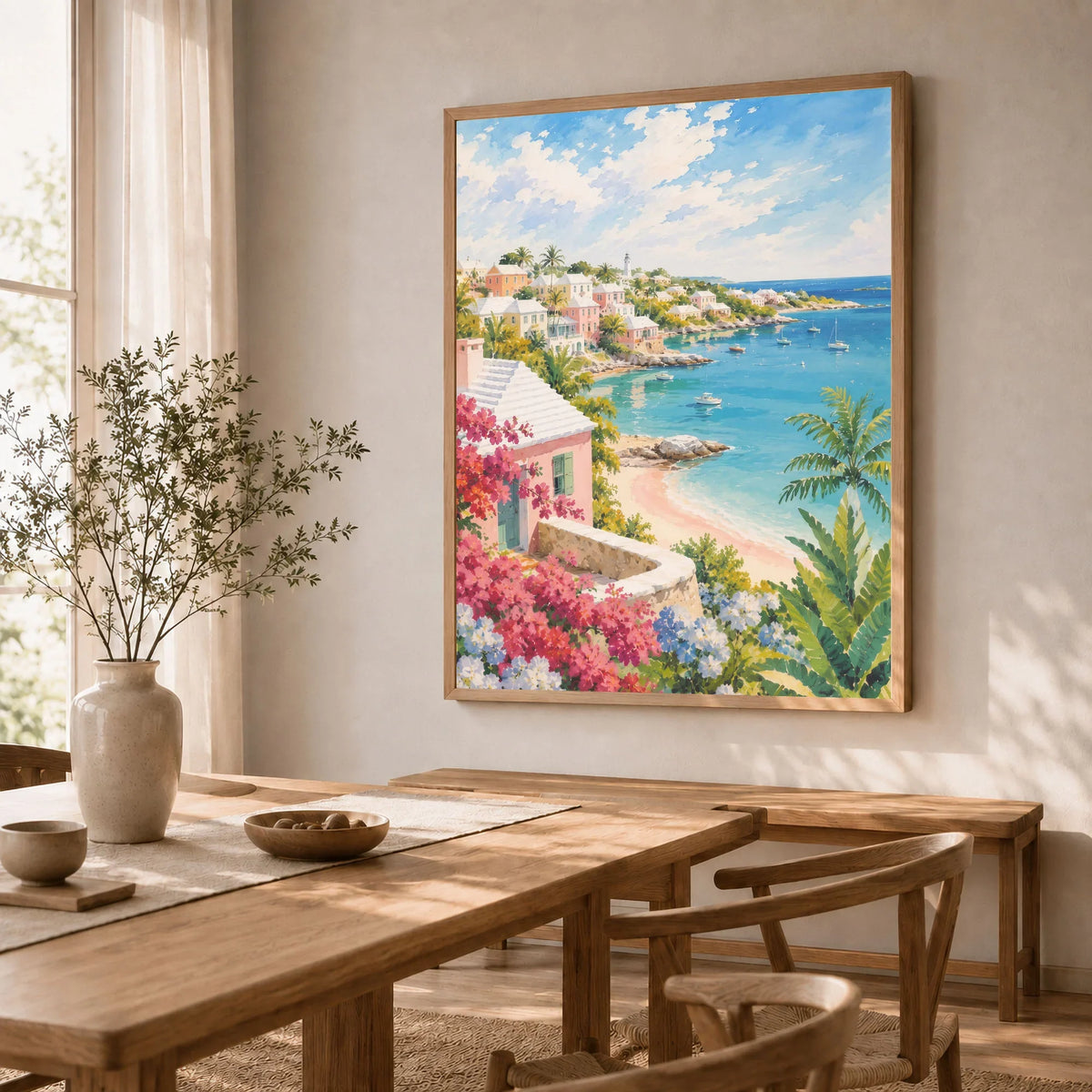 Bermuda pastel cottages and turquoise bay watercolour art print in a natural wood frame in a dining room