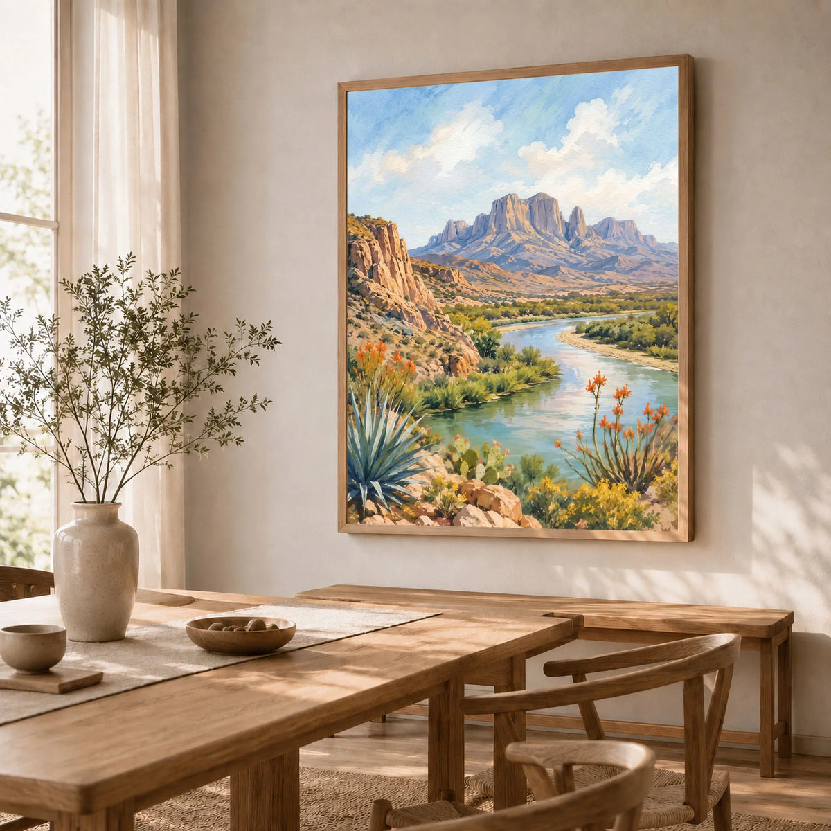 Big Bend National Park Rio Grande and Chisos Mountains watercolour art print in a natural wood frame in a dining room