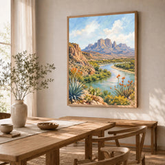 Big Bend National Park Rio Grande and Chisos Mountains watercolour art print in a natural wood frame in a dining room