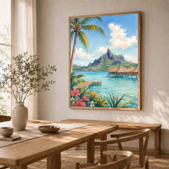 Bora Bora overwater bungalows and Mount Otemanu watercolour art print in a natural wood frame in a dining room