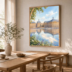 Bordeaux Place de la Bourse water mirror watercolour art print in a natural wood frame in a dining room