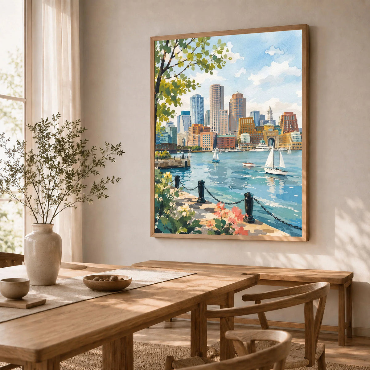 Boston harbour skyline with sailboats watercolour art print in a natural wood frame in a dining room