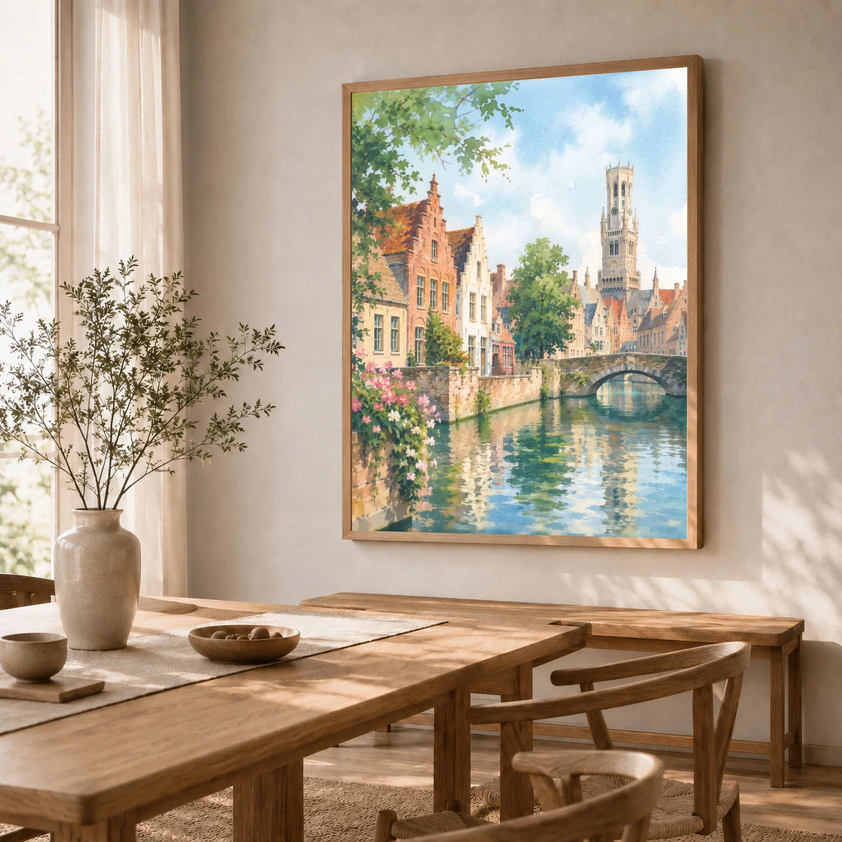 Bruges canal and Belfry tower watercolour art print in a natural wood frame in a dining room