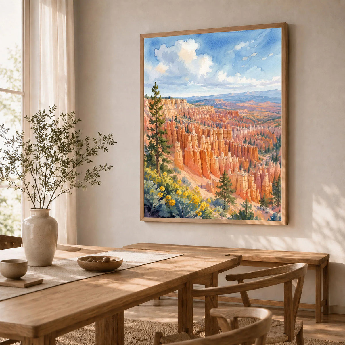 Bryce Canyon National Park hoodoo amphitheatre watercolour art print in a natural wood frame in a dining room