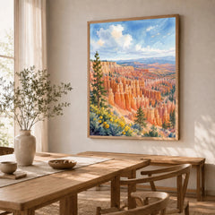 Bryce Canyon National Park hoodoo amphitheatre watercolour art print in a natural wood frame in a dining room