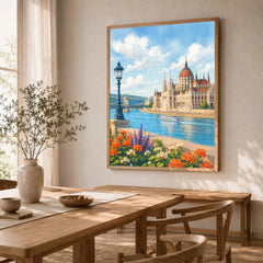 Budapest Parliament on the Danube watercolour art print in a natural wood frame in a dining room