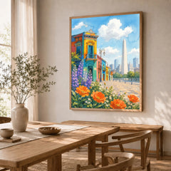 Buenos Aires La Boca houses and the Obelisco watercolour art print in a natural wood frame in a dining room