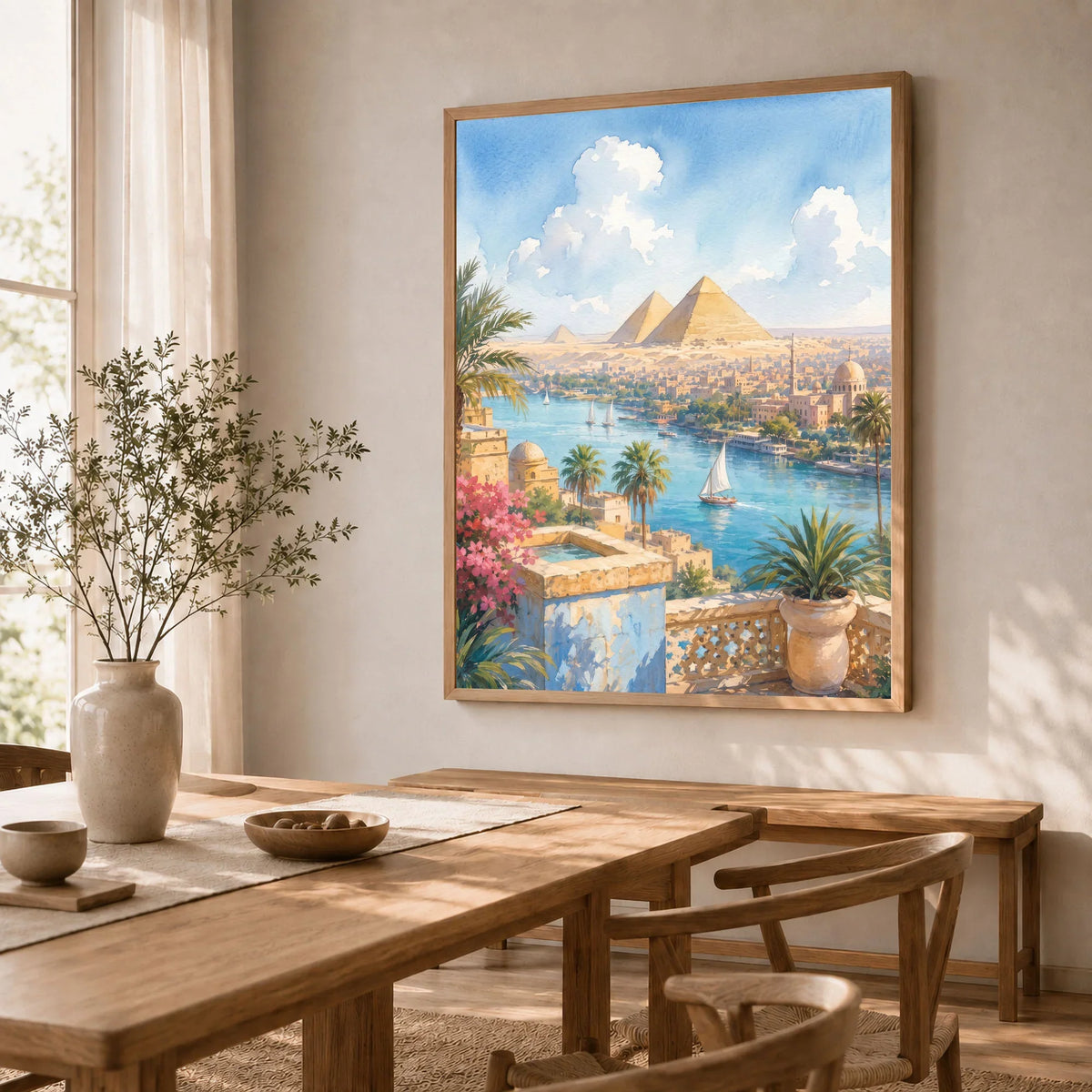Cairo Pyramids of Giza and the Nile watercolour art print in a natural wood frame in a dining room