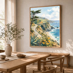 Big Sur Bixby Bridge on the coast watercolour art print in a natural wood frame in a dining room