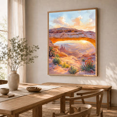 Canyonlands National Park Mesa Arch at sunrise watercolour art print in a natural wood frame in a dining room