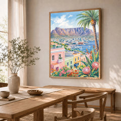 Cape Town Table Mountain and colourful houses watercolour art print in a natural wood frame in a dining room