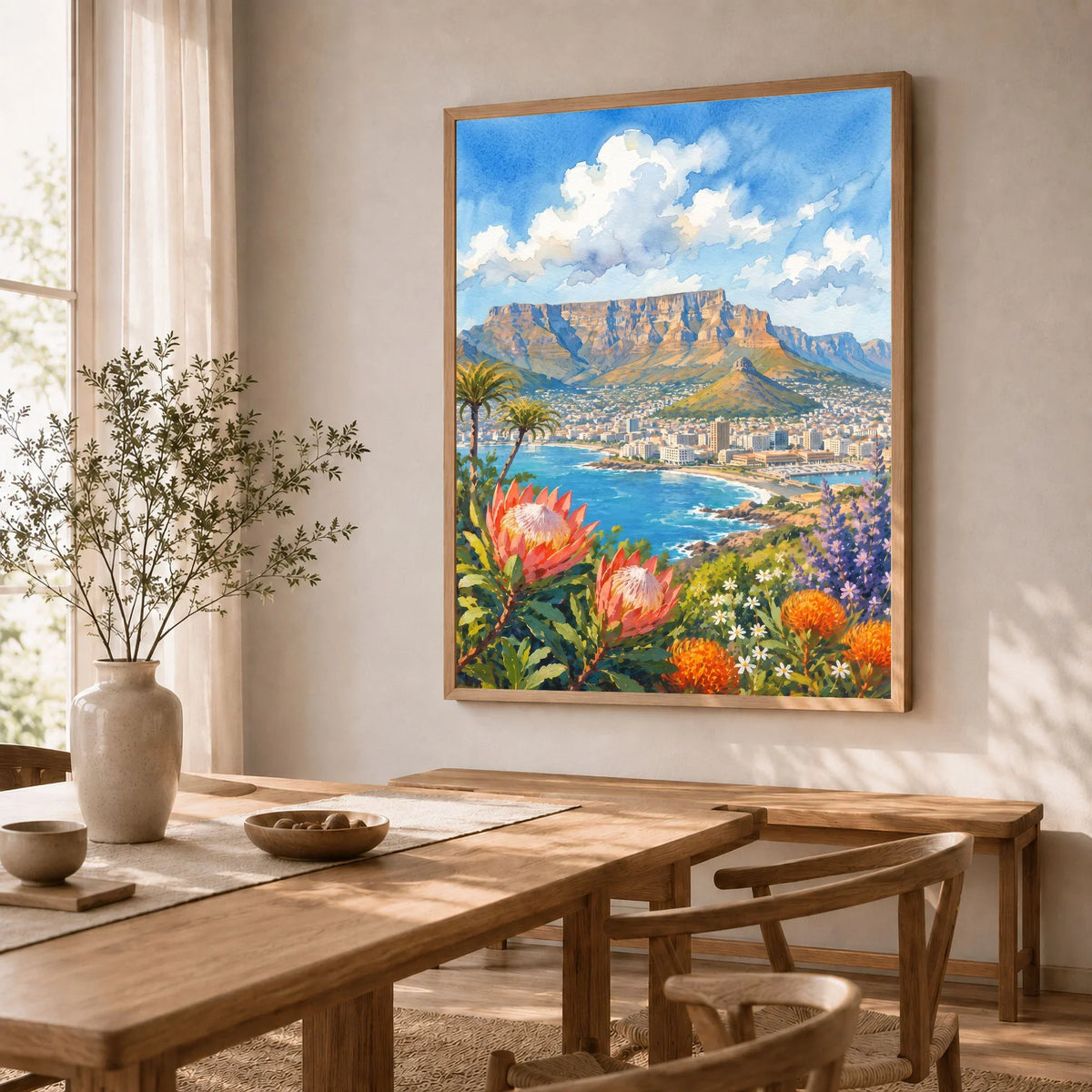 Cape Town Table Mountain bay with proteas watercolour art print in a natural wood frame in a dining room