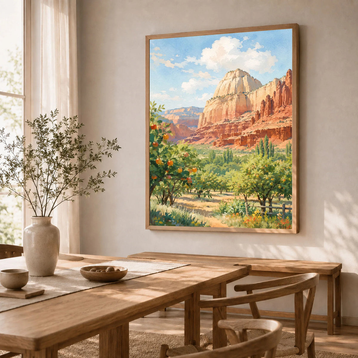 Capitol Reef National Park Fruita orchards and cliffs watercolour art print in a natural wood frame in a dining room