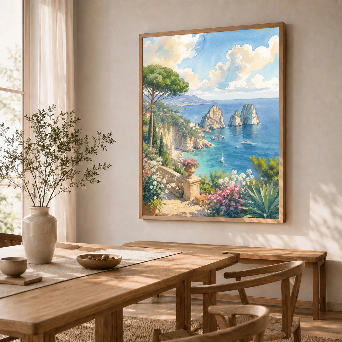 Capri Faraglioni rocks watercolour art print in a natural wood frame in a dining room