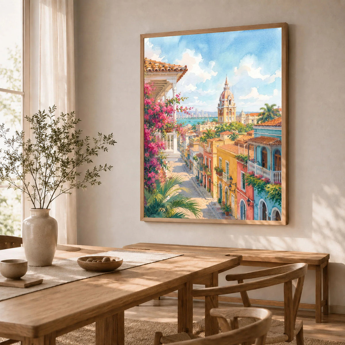 Cartagena colonial old town street watercolour art print in a natural wood frame in a dining room