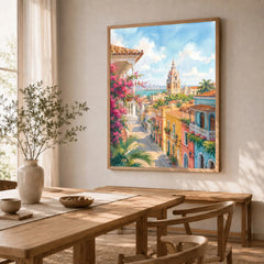 Cartagena colonial old town street watercolour art print in a natural wood frame in a dining room