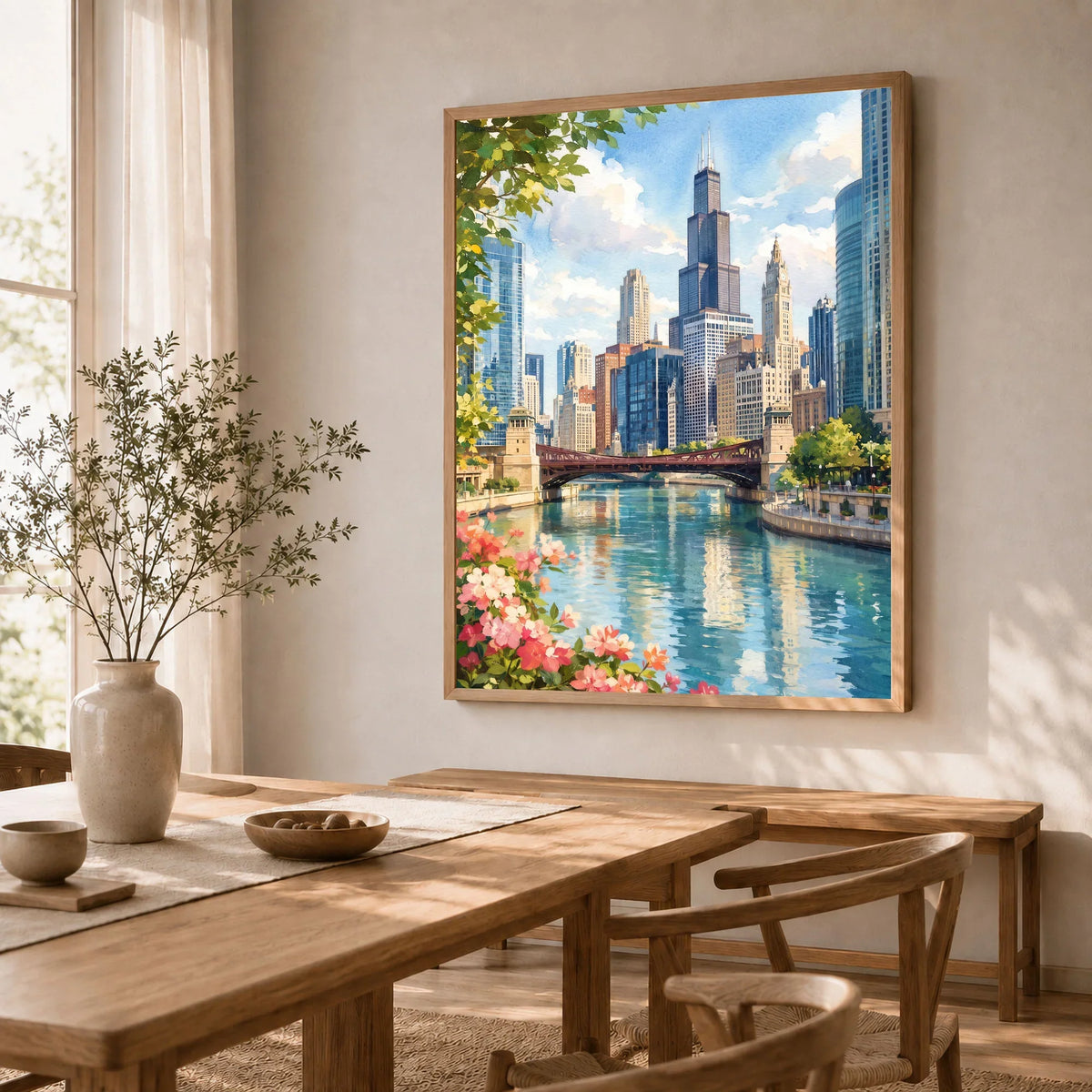 Chicago river and skyline watercolour art print in a natural wood frame in a dining room