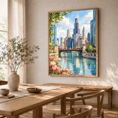 Chicago river and skyline watercolour art print in a natural wood frame in a dining room