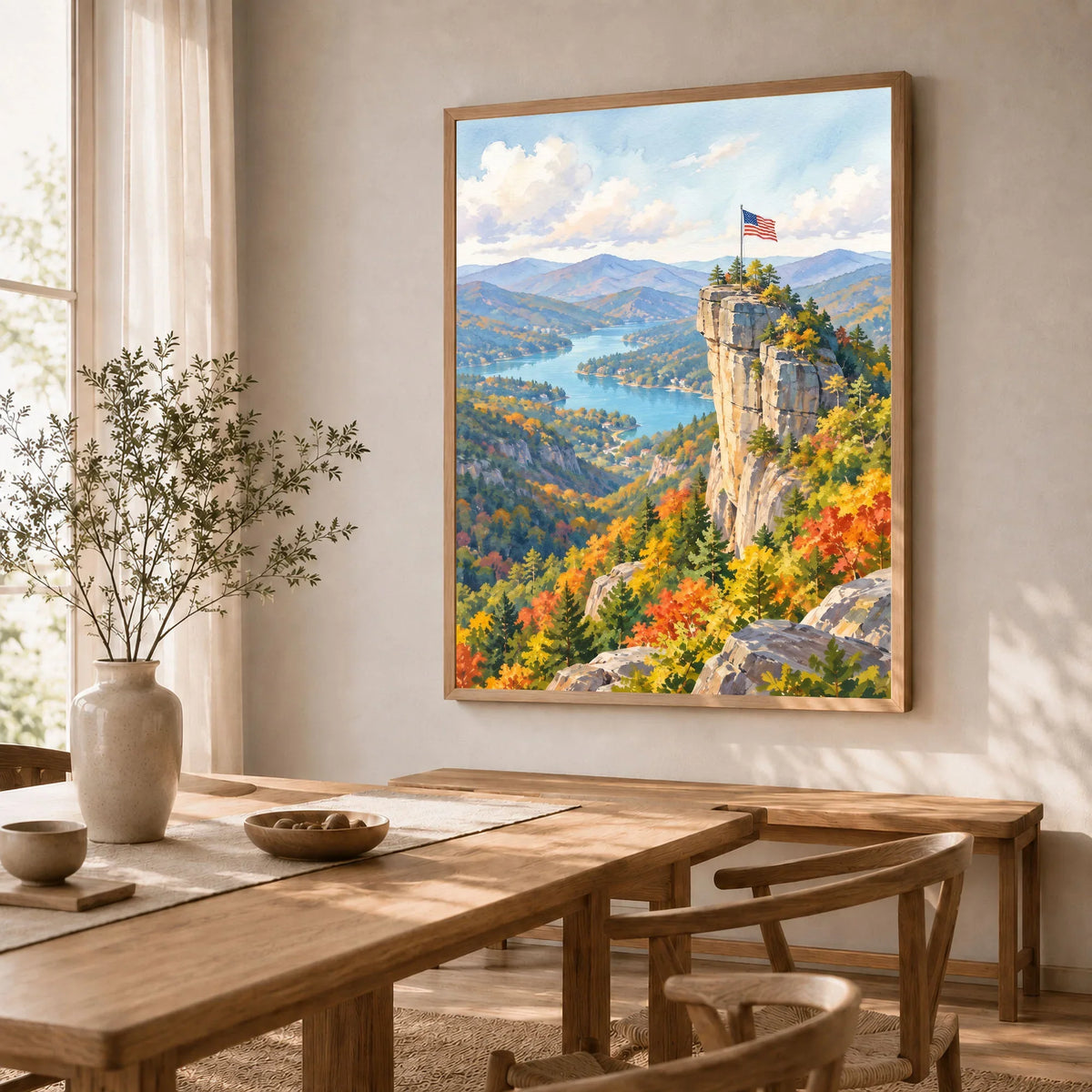 Chimney Rock State Park Chimney Rock above Lake Lure watercolour art print in a natural wood frame in a dining room