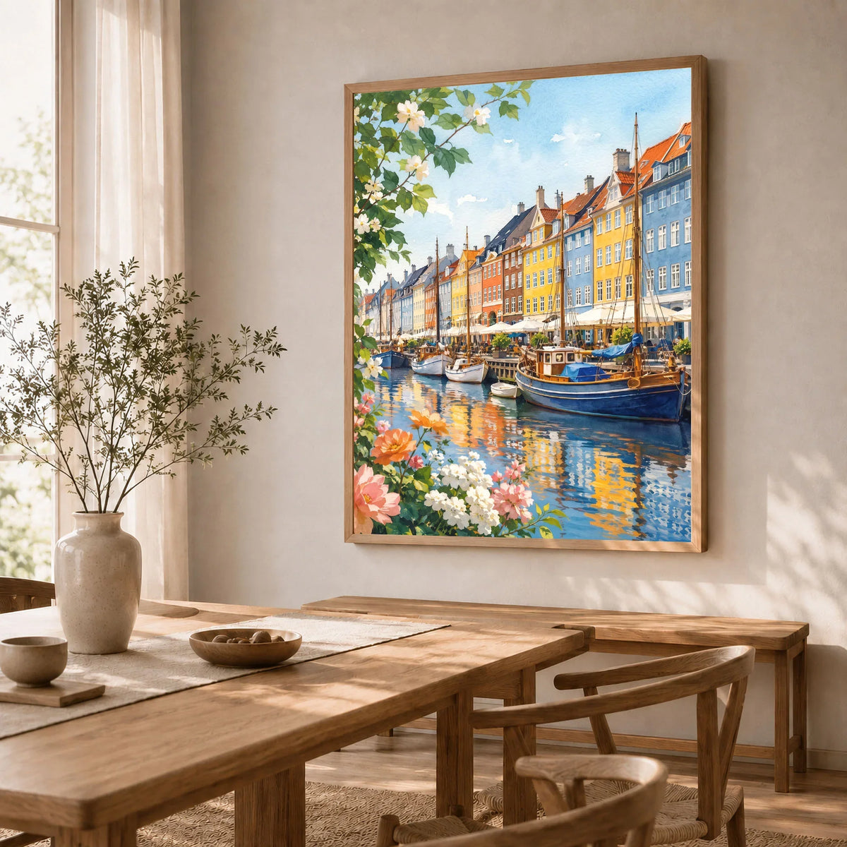 Copenhagen Nyhavn harbour houses watercolour art print in a natural wood frame in a dining room