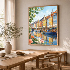 Copenhagen Nyhavn harbour houses watercolour art print in a natural wood frame in a dining room