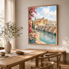 Córdoba Roman bridge and Mezquita watercolour art print in a natural wood frame in a dining room