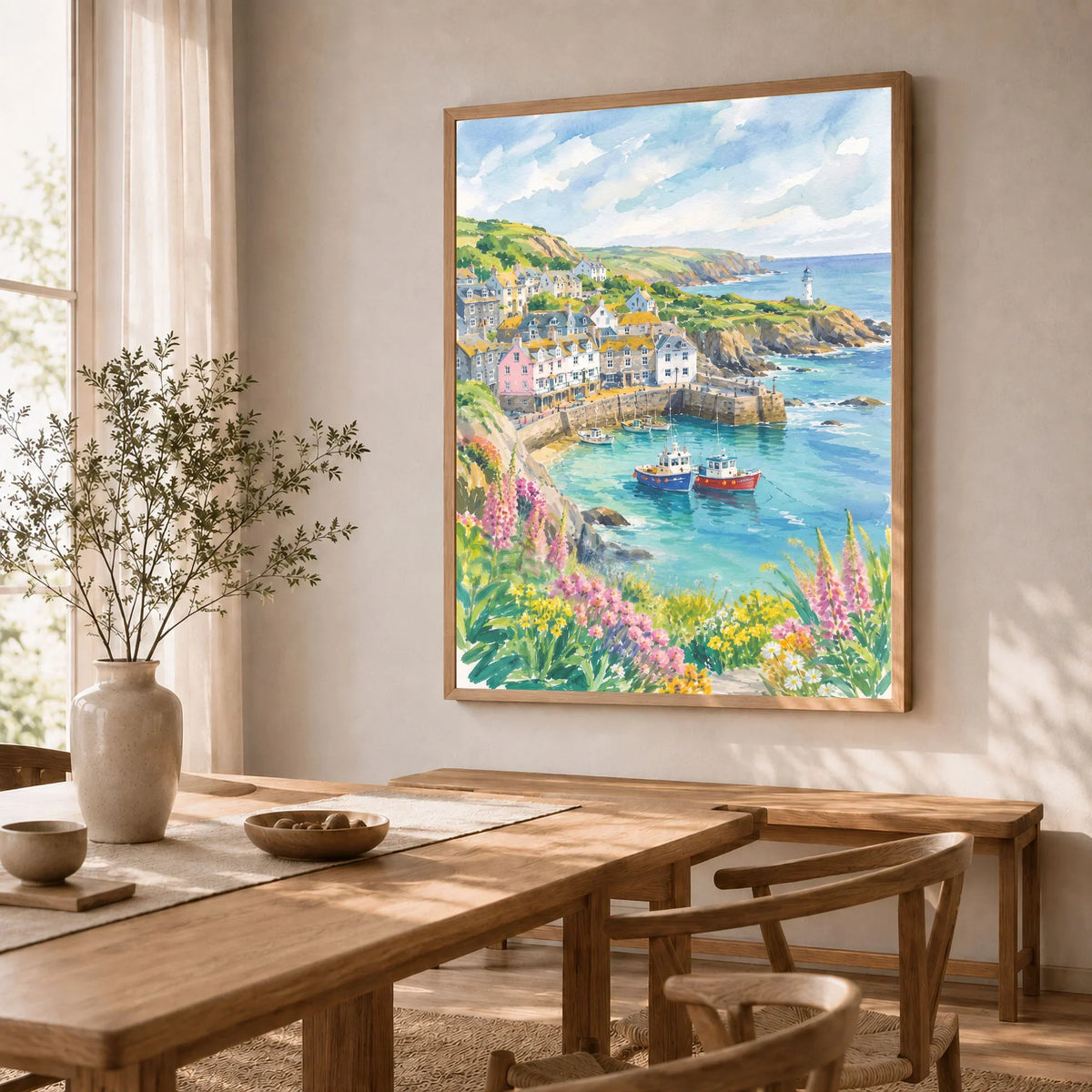 Cornwall harbour, fishing boats and lighthouse watercolour art print in a natural wood frame in a dining room