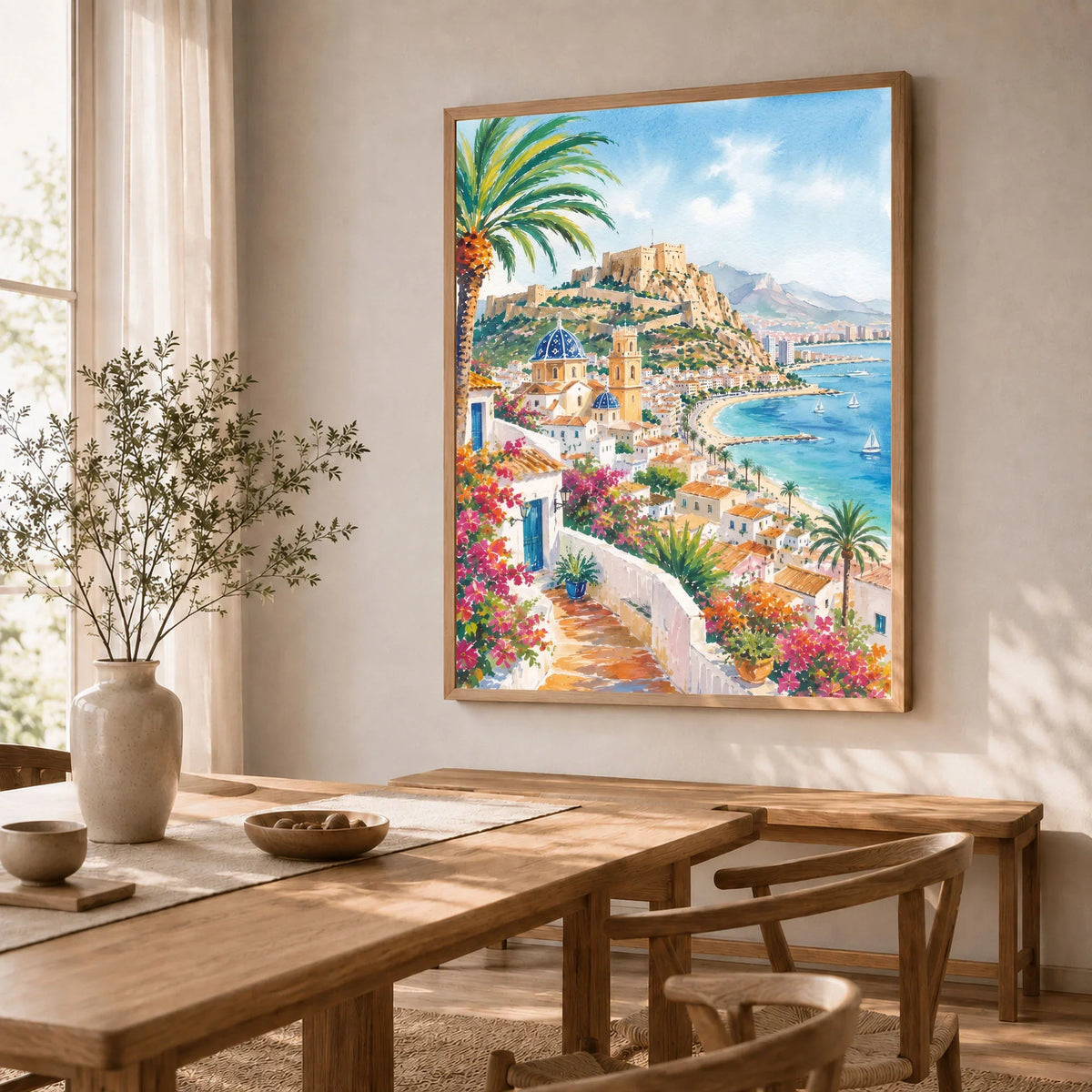 Costa Blanca Altea blue-domed church and coast watercolour art print in a natural wood frame in a dining room