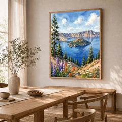 Crater Lake National Park Wizard Island in the deep blue lake watercolour art print in a natural wood frame in a dining room