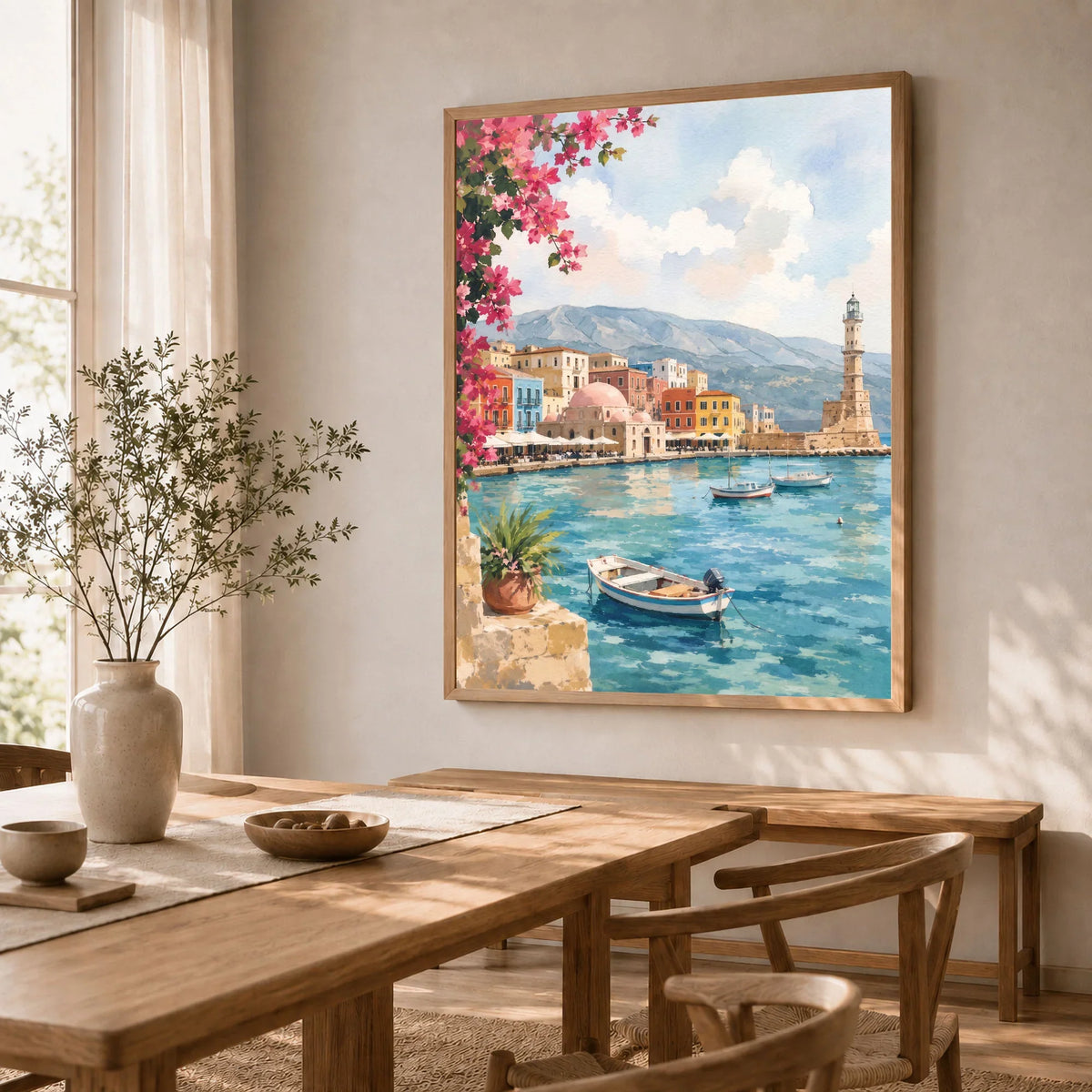 Crete Chania Venetian harbour and lighthouse watercolour art print in a natural wood frame in a dining room
