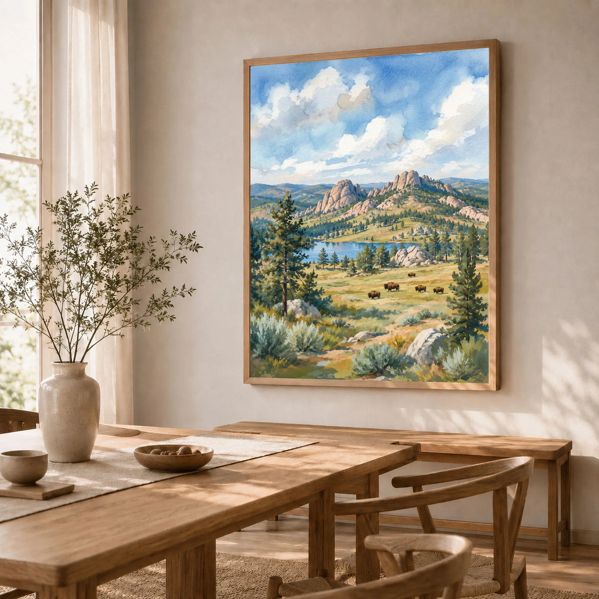 Custer State Park bison grazing below the Black Hills watercolour art print in a natural wood frame in a dining room