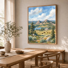 Custer State Park bison grazing below the Black Hills watercolour art print in a natural wood frame in a dining room