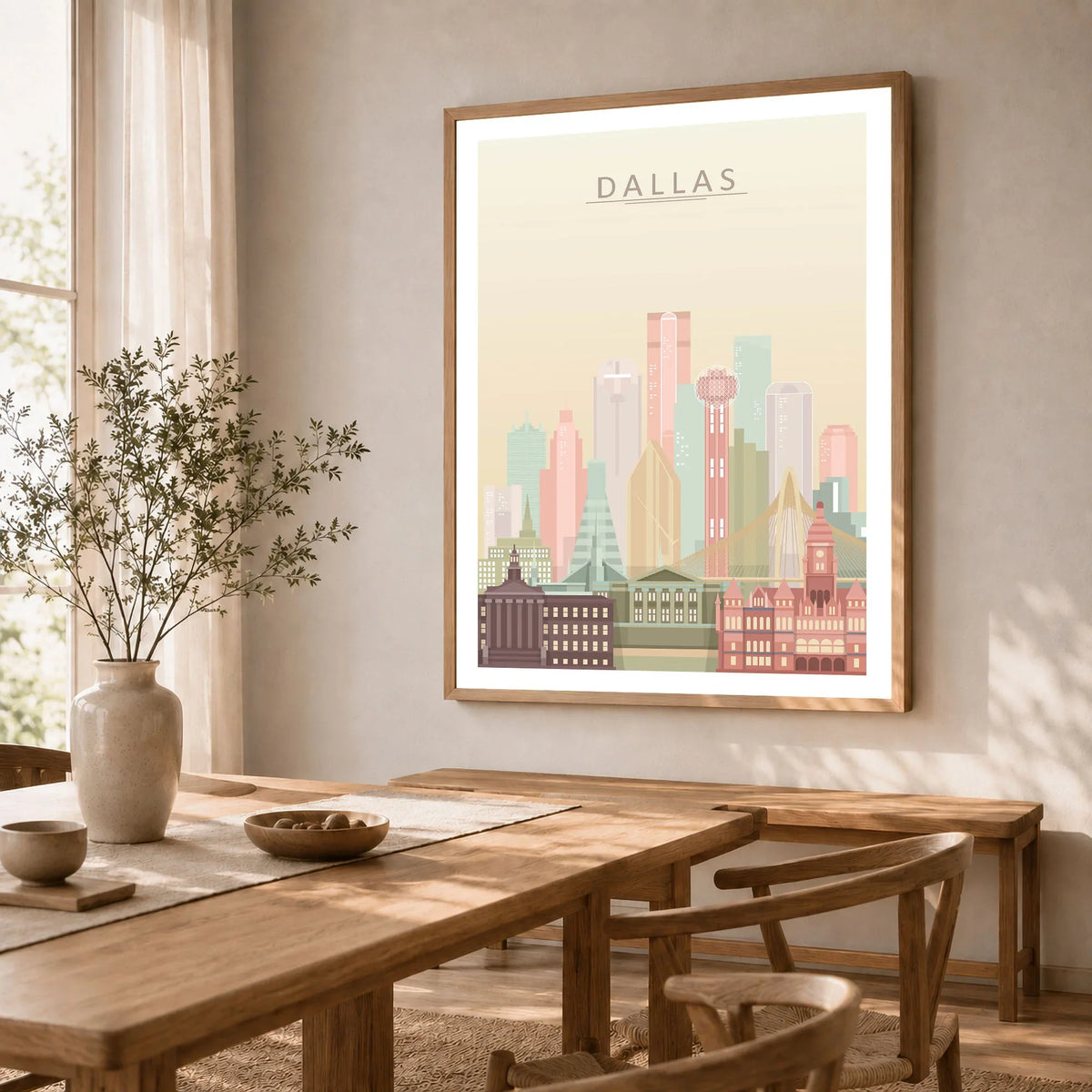 Dallas city skyline art print in a natural wood frame in a dining room