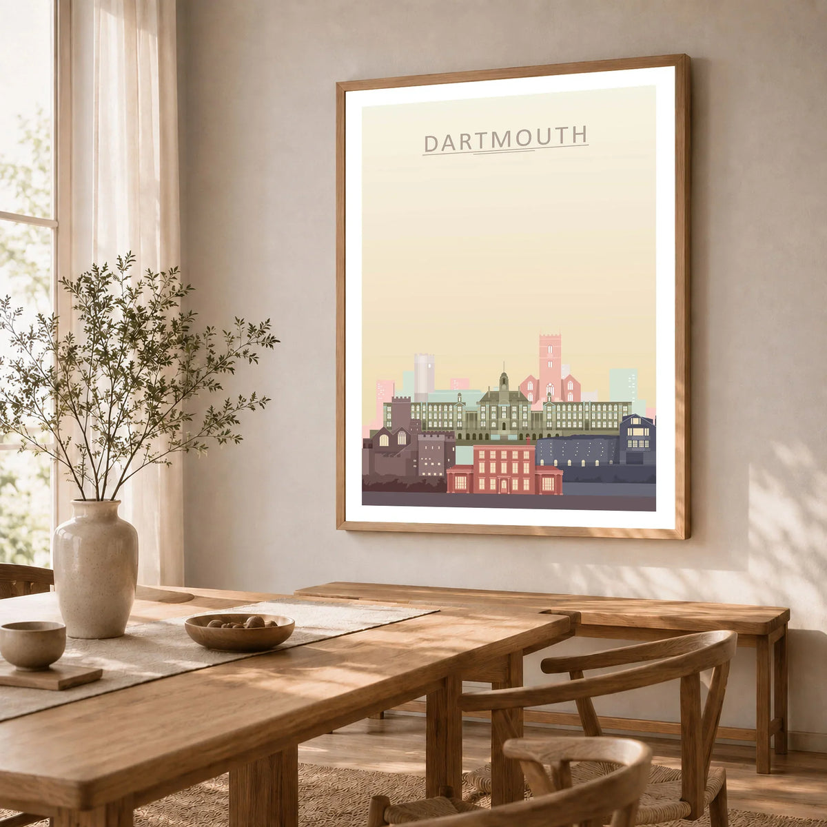 Dartmouth city skyline art print in a natural wood frame in a dining room