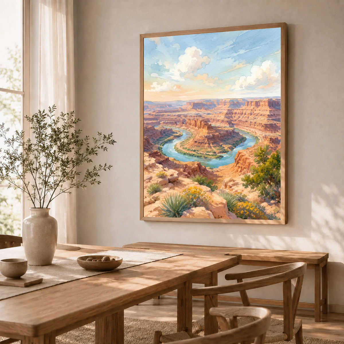 Dead Horse Point State Park Colorado River gooseneck watercolour art print in a natural wood frame in a dining room