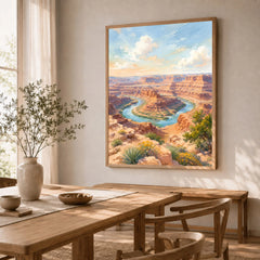 Dead Horse Point State Park Colorado River gooseneck watercolour art print in a natural wood frame in a dining room